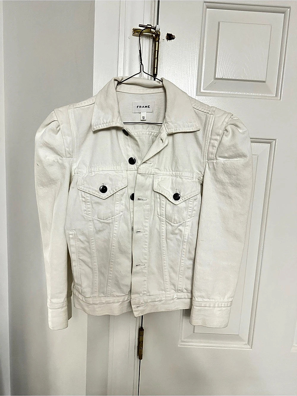 FRAME Rosette Puff Sleeve Denim Jacket White Size XS